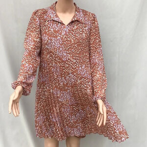 Nine West Feather Marks Georgette Collared Pleated Dress Small Flowy Workwear